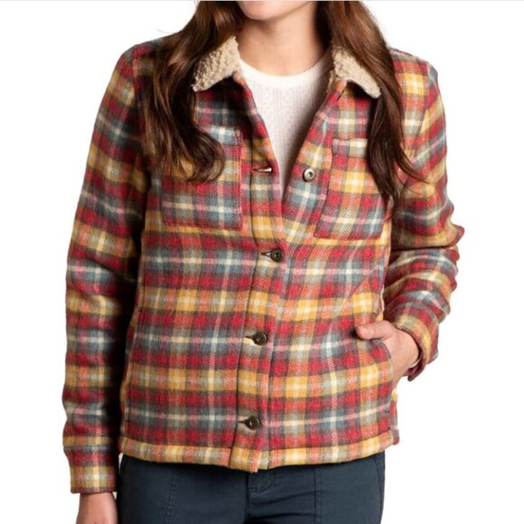 Toad & Co Women's S Button Sherpa Plaid Jacket Recy. Wool Bld Red EUC - Picture 1 of 13
